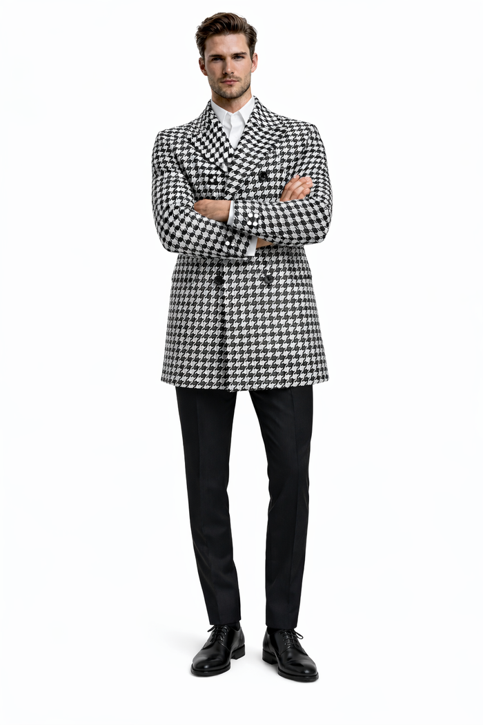 Mens Overcoat - Topcoat For Men - Winter Fabric - Houndstooth Overcoat - Houndstooth Topcoat - Houndstooth Single Breasted Checker Car Coat