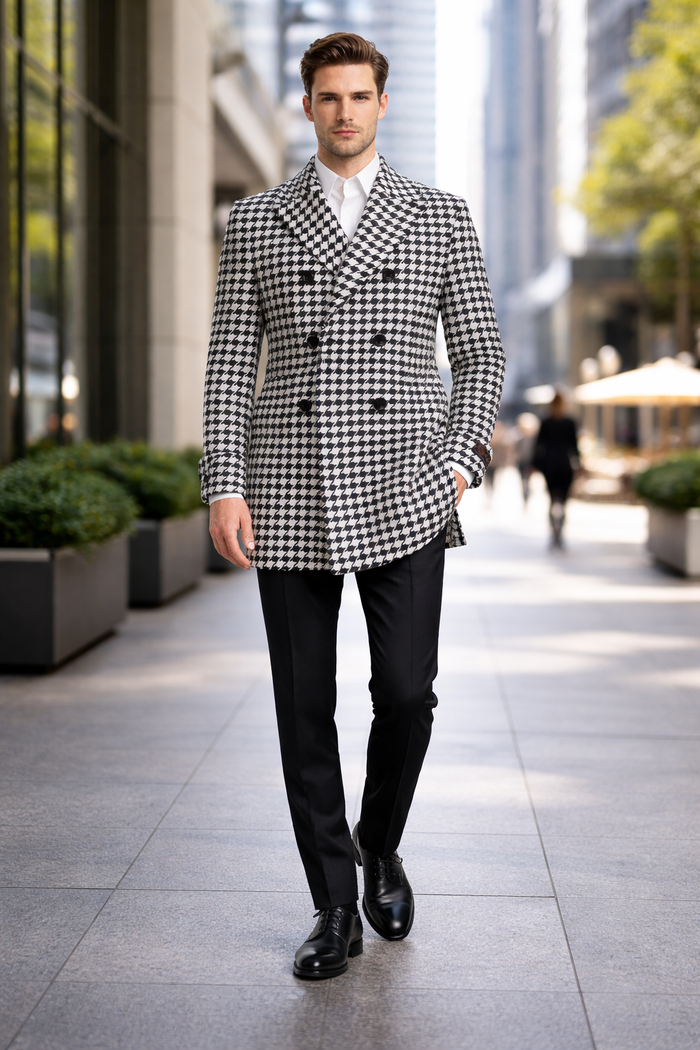 Mens Overcoat - Topcoat For Men - Winter Fabric - Houndstooth Overcoat - Houndstooth Topcoat - Houndstooth Single Breasted Checker Car Coat