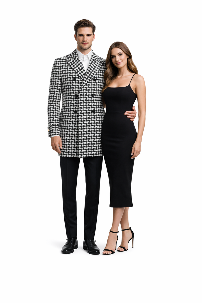 Mens Overcoat - Topcoat For Men - Winter Fabric - Houndstooth Overcoat - Houndstooth Topcoat - Houndstooth Single Breasted Checker Car Coat