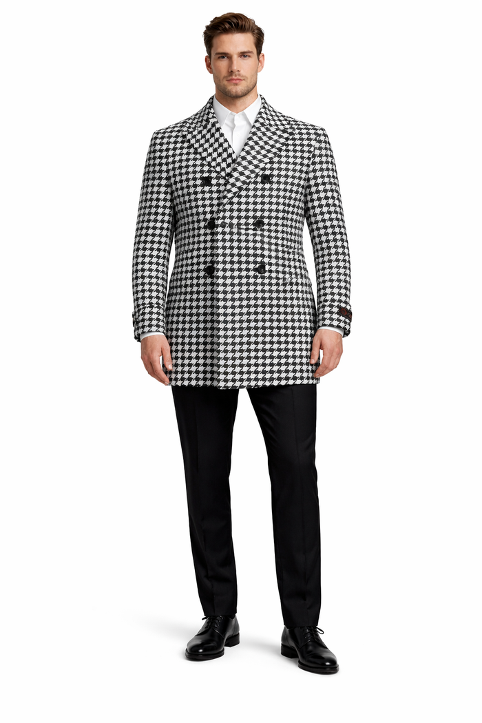 Mens Overcoat - Topcoat For Men - Winter Fabric - Houndstooth Overcoat - Houndstooth Topcoat - Houndstooth Single Breasted Checker Car Coat