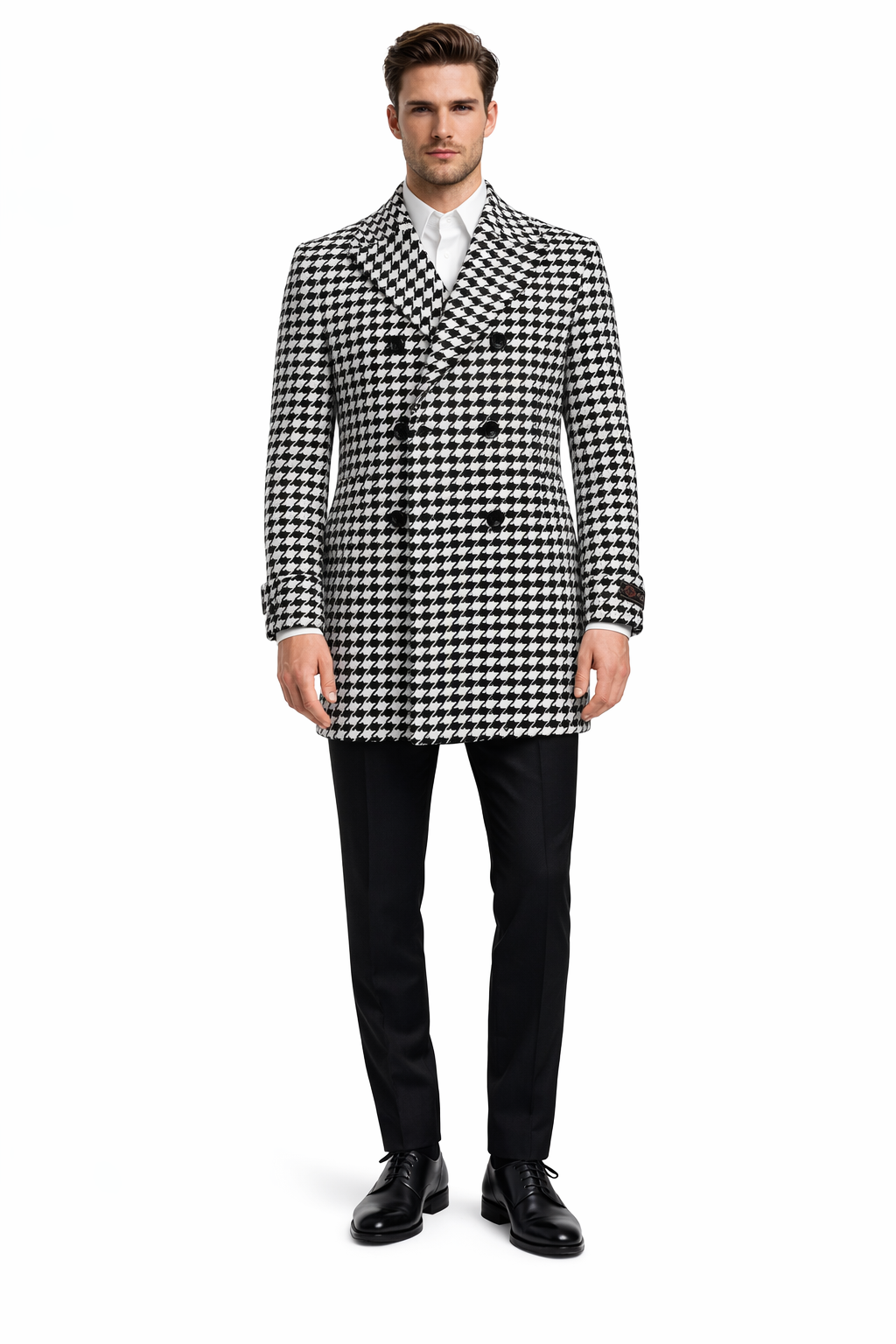 Mens Overcoat - Topcoat For Men - Winter Fabric - Houndstooth Overcoat - Houndstooth Topcoat - Houndstooth Single Breasted Checker Car Coat