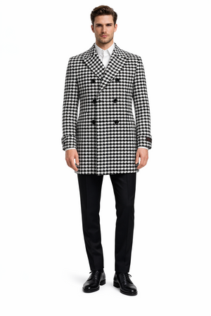 Mens Overcoat - Topcoat For Men - Winter Fabric - Houndstooth Overcoat - Houndstooth Topcoat - Houndstooth Single Breasted Checker Car Coat