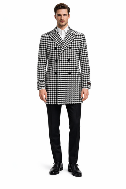 Mens Overcoat - Topcoat For Men - Winter Fabric - Houndstooth Overcoat - Houndstooth Topcoat - Houndstooth Single Breasted Checker Car Coat