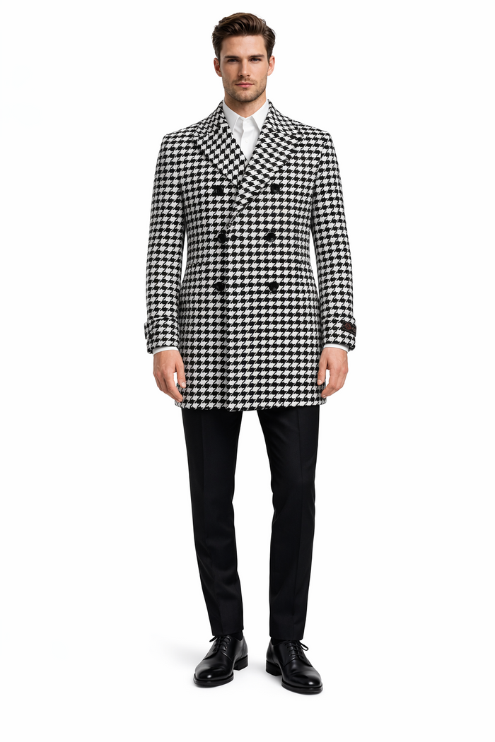 Mens Overcoat - Topcoat For Men - Winter Fabric - Houndstooth Overcoat - Houndstooth Topcoat - Houndstooth Single Breasted Checker Car Coat