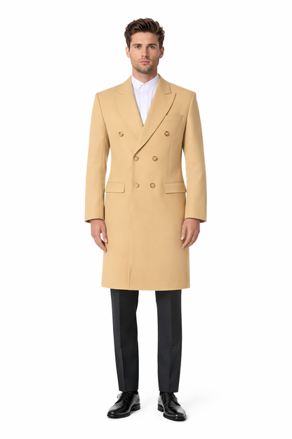 Men's Camel Wool Long Duster-Style Overcoat, Big and Tall, Designer Peacoat for Men