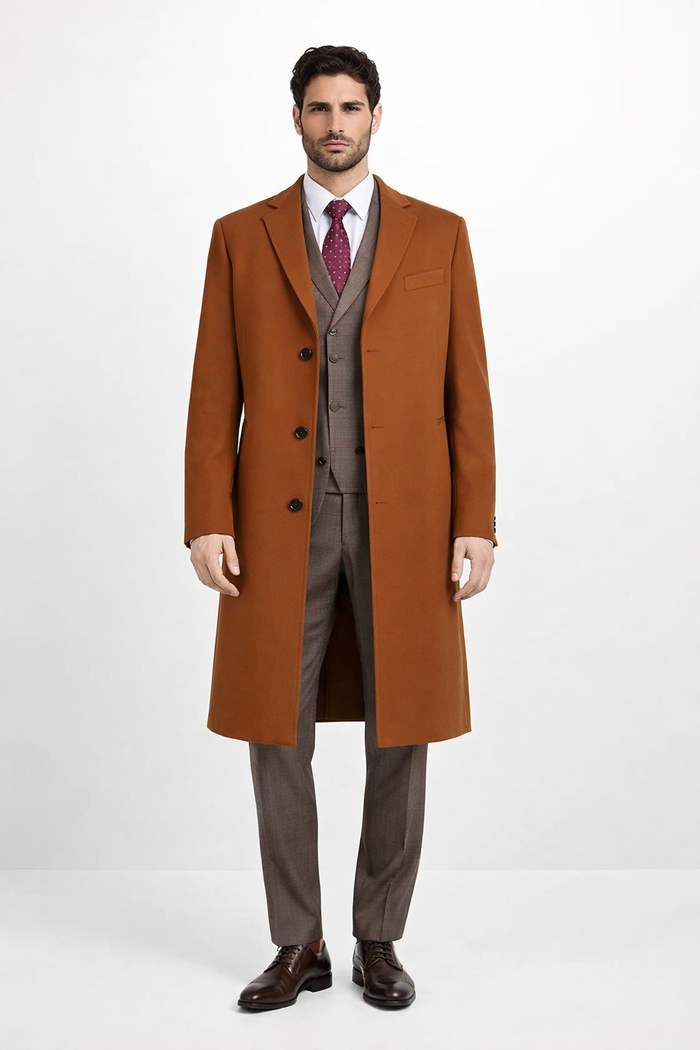 Mens Overcoat - Topcoat For Men - Winter Fabric - Men's Rust - Copper - Cognac Wool ~ Cashmere Blend Overcoat - Topcoat Three Quarter 3/4