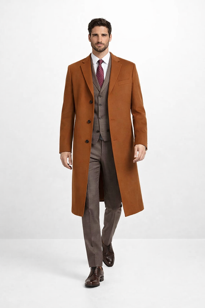Mens Overcoat - Topcoat For Men - Winter Fabric - Men's Rust - Copper - Cognac Wool ~ Cashmere Blend Overcoat - Topcoat Three Quarter 3/4