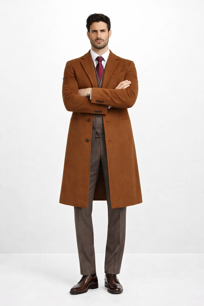 Mens Overcoat - Topcoat For Men - Winter Fabric - Men's Rust - Copper - Cognac Wool ~ Cashmere Blend Overcoat - Topcoat Three Quarter 3/4