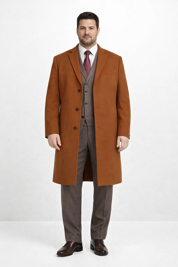 Mens Overcoat - Topcoat For Men - Winter Fabric - Men's Rust - Copper - Cognac Wool ~ Cashmere Blend Overcoat - Topcoat Three Quarter 3/4