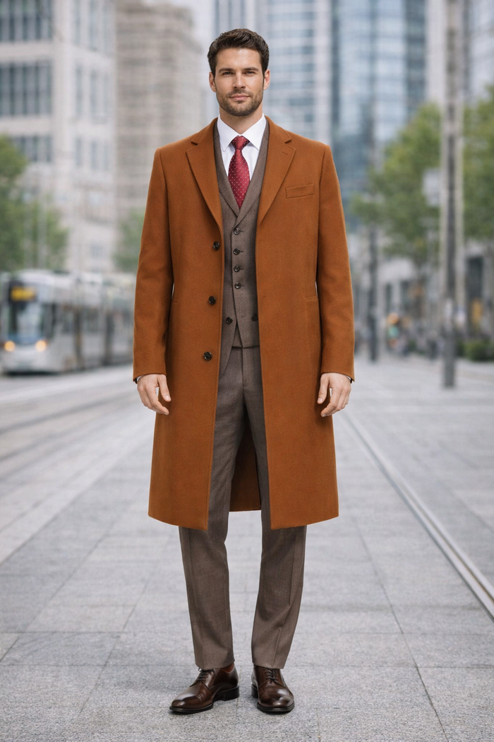 Mens Overcoat - Topcoat For Men - Winter Fabric - Men's Rust - Copper - Cognac Wool ~ Cashmere Blend Overcoat - Topcoat Three Quarter 3/4