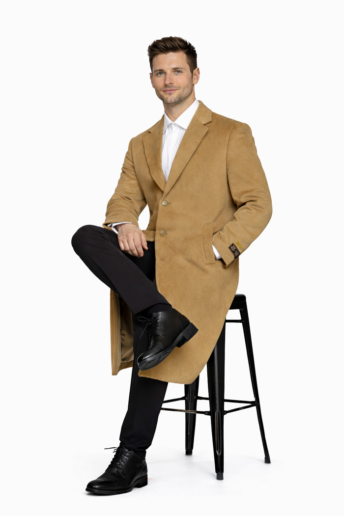 Mens Overcoat - Topcoat For Men - Winter Fabric - Overcoat Long men's Dress Topcoat - Winter coat 4XL 5XL 6XL Camel Big and Tall Large Man ~ Plus Size Three Button