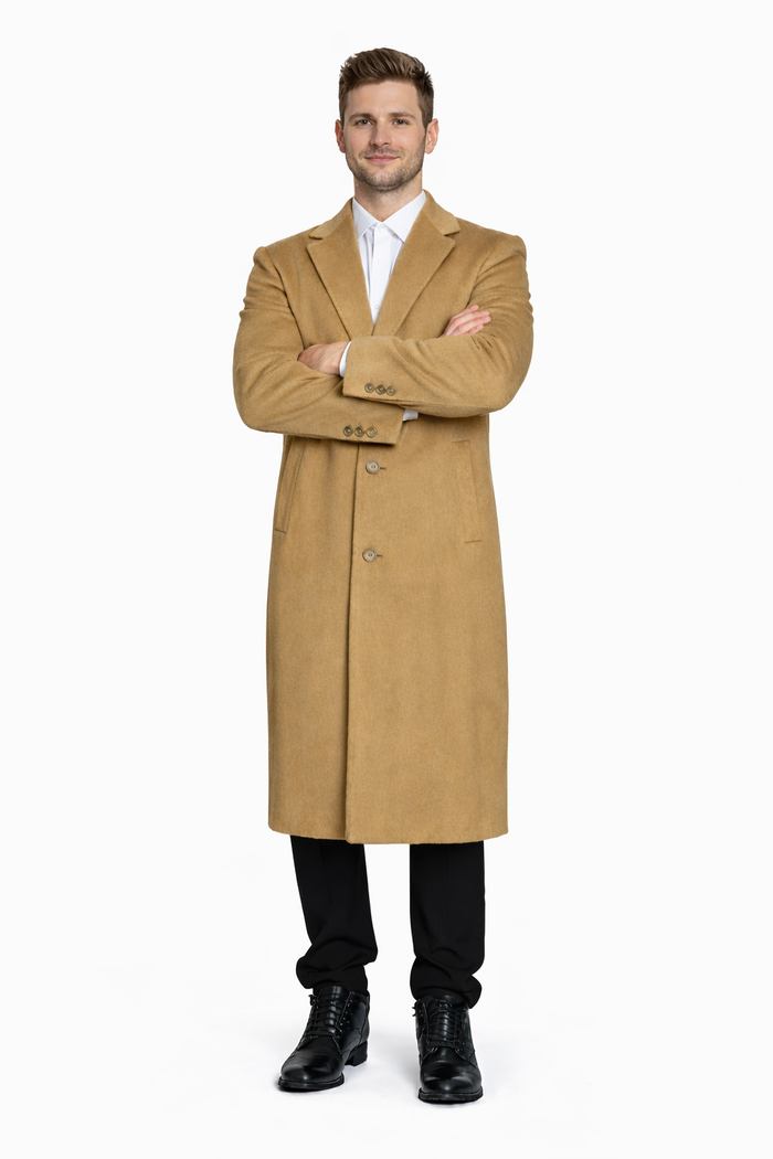 Mens Overcoat - Topcoat For Men - Winter Fabric - Overcoat Long men's Dress Topcoat - Winter coat 4XL 5XL 6XL Camel Big and Tall Large Man ~ Plus Size Three Button