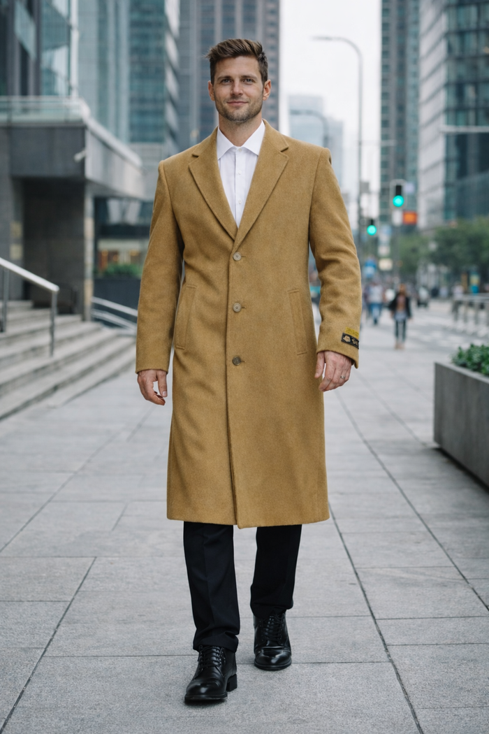 Mens Overcoat - Topcoat For Men - Winter Fabric - Overcoat Long men's Dress Topcoat - Winter coat 4XL 5XL 6XL Camel Big and Tall Large Man ~ Plus Size Three Button