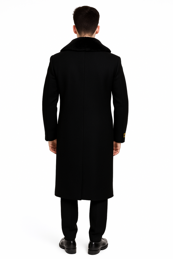 Men's Three-Button Winter Overcoat with Removable Fur Collar, Black, Big and Tall, 4XL-6XL