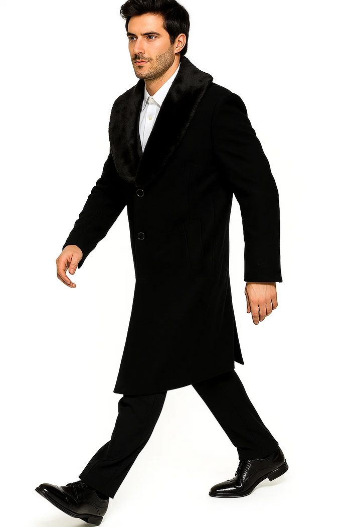 Mens Overcoat - Topcoat For Men - Winter Fabric - Three Button Big and Tall Large Man ~ Plus Size Removable Fur Collar Overcoat 4XL 5XL 6XL Black Long men's Dress Topcoat - Winter coat