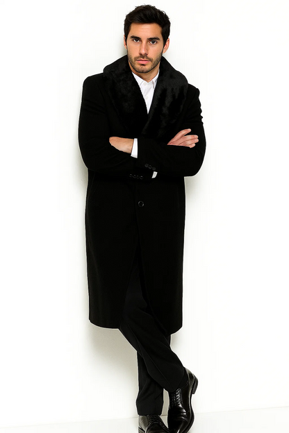 Men's Three-Button Winter Overcoat with Removable Fur Collar, Black, Big and Tall, 4XL-6XL