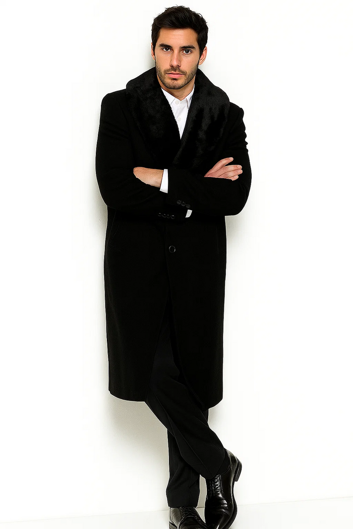 Mens Overcoat - Topcoat For Men - Winter Fabric - Three Button Big and Tall Large Man ~ Plus Size Removable Fur Collar Overcoat 4XL 5XL 6XL Black Long men's Dress Topcoat - Winter coat