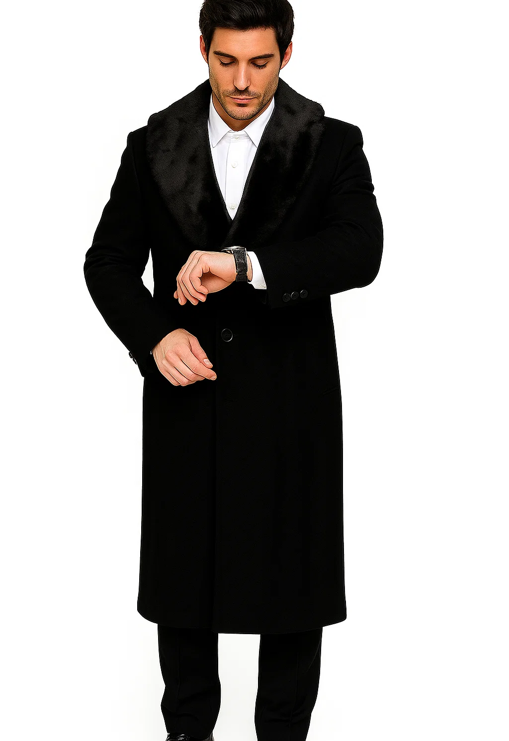 Mens Overcoat - Topcoat For Men - Winter Fabric - Three Button Big and Tall Large Man ~ Plus Size Removable Fur Collar Overcoat 4XL 5XL 6XL Black Long men's Dress Topcoat - Winter coat