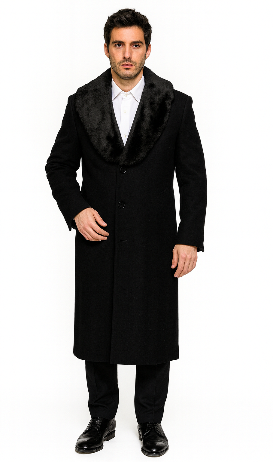 Men's Three-Button Winter Overcoat with Removable Fur Collar, Black, Big and Tall, 4XL-6XL
