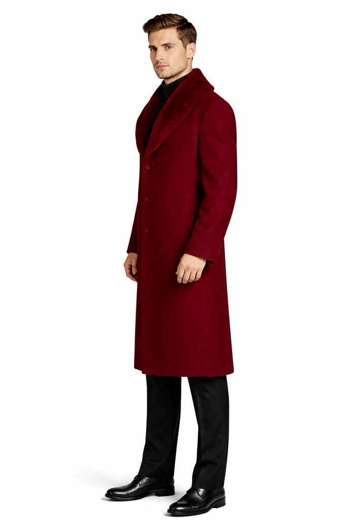 Mens Overcoat With Fur Collar - Burgundy Topcoat - Maroon Wool Fabric Long Coat
