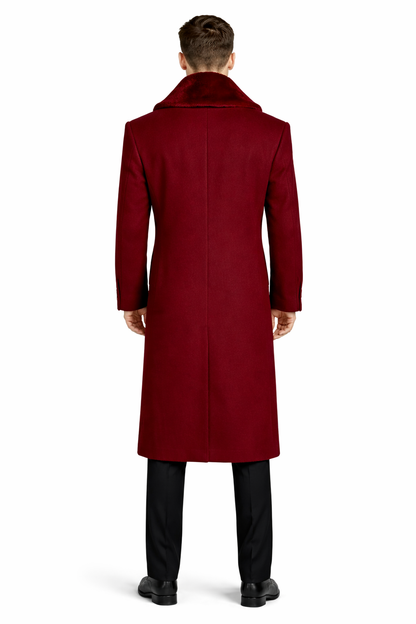 Mens Overcoat With Fur Collar - Burgundy Topcoat - Maroon Wool Fabric Long Coat