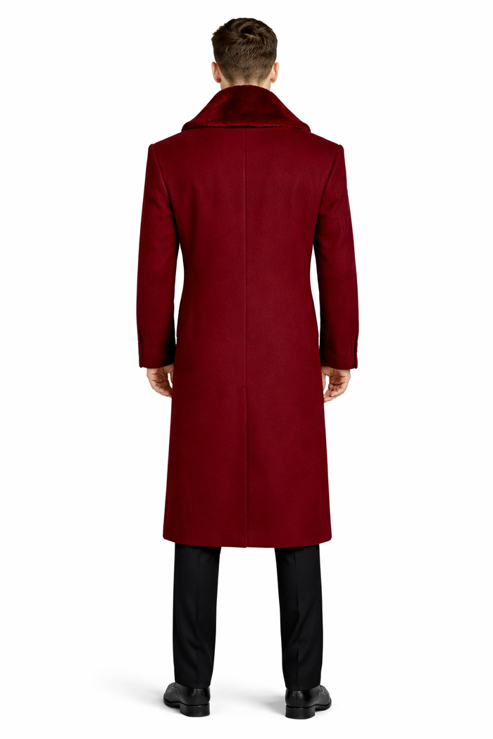 Mens Overcoat With Fur Collar - Burgundy Topcoat - Maroon Wool Fabric Long Coat