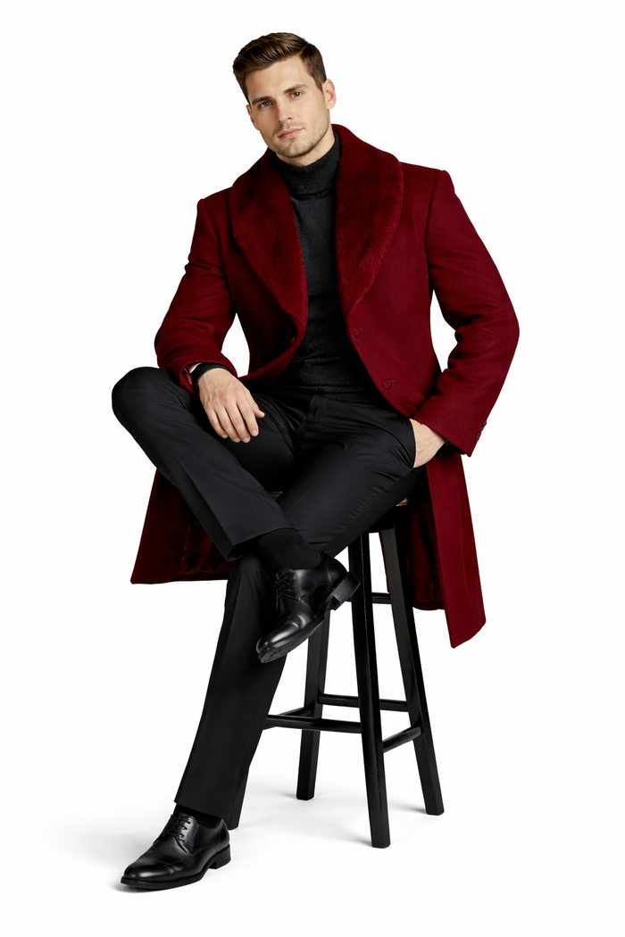 Mens Overcoat With Fur Collar - Burgundy Topcoat - Maroon Wool Fabric Long Coat
