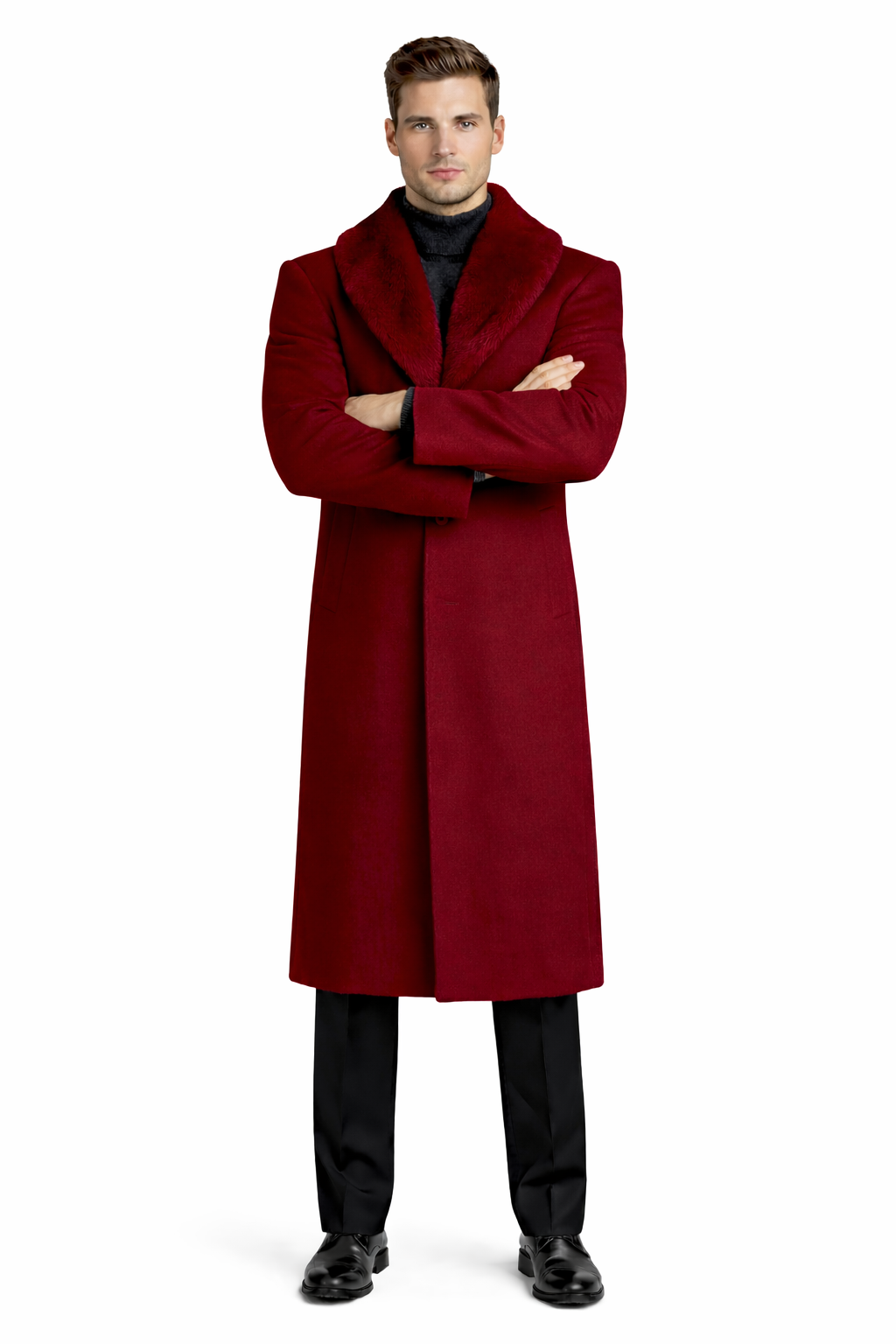 Mens Overcoat With Fur Collar - Burgundy Topcoat - Maroon Wool Fabric Long Coat