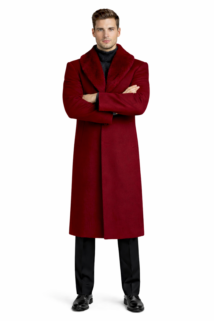 Mens Overcoat With Fur Collar - Burgundy Topcoat - Maroon Wool Fabric Long Coat