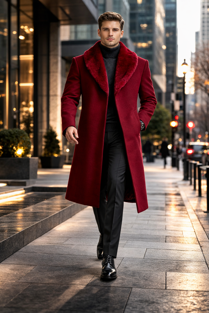 Mens Overcoat With Fur Collar - Burgundy Topcoat - Maroon Wool Fabric Long Coat