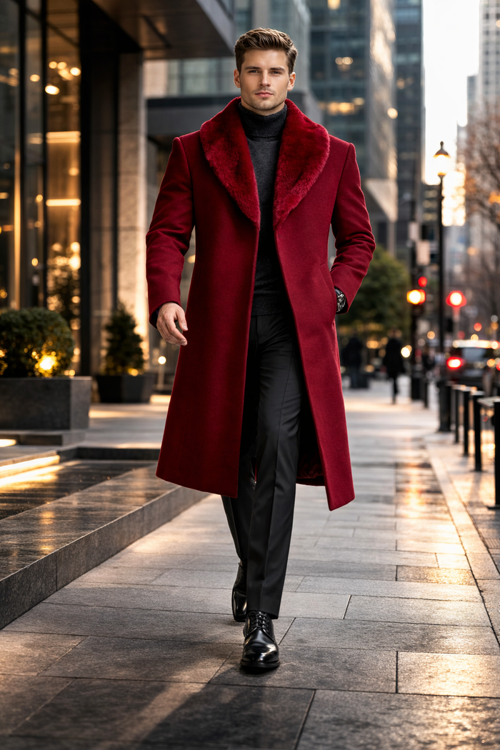 Mens Overcoat With Fur Collar - Burgundy Topcoat - Maroon Wool Fabric Long Coat