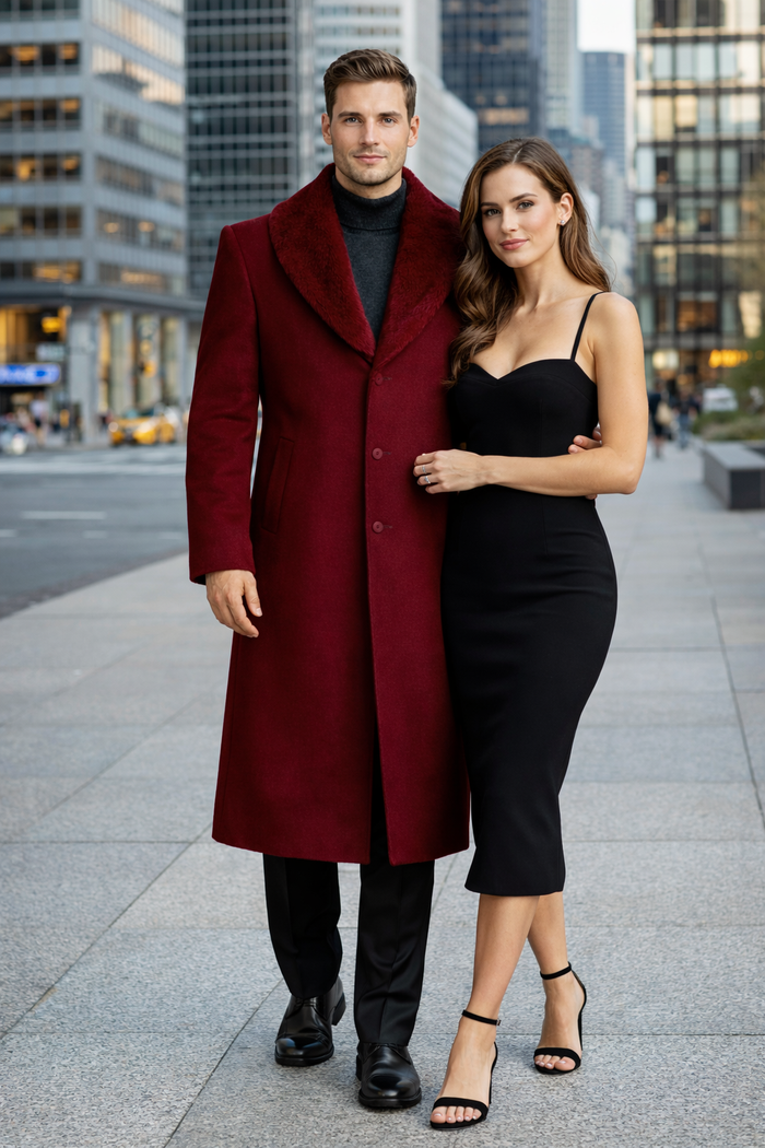 Mens Overcoat With Fur Collar - Burgundy Topcoat - Maroon Wool Fabric Long Coat