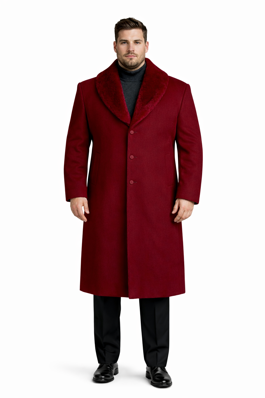 Mens Overcoat With Fur Collar - Burgundy Topcoat - Maroon Wool Fabric Long Coat