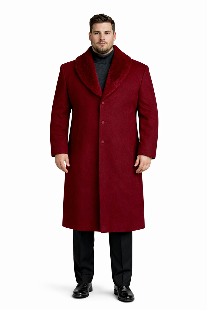 Mens Overcoat With Fur Collar - Burgundy Topcoat - Maroon Wool Fabric Long Coat