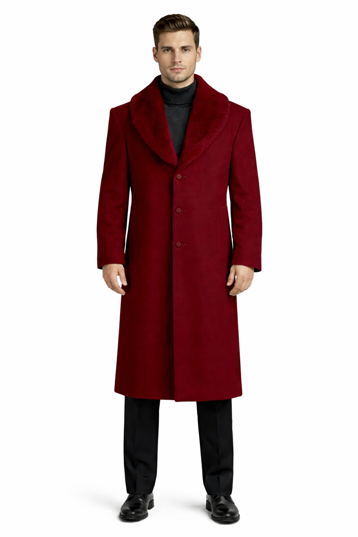 Mens Overcoat With Fur Collar - Burgundy Topcoat - Maroon Wool Fabric Long Coat