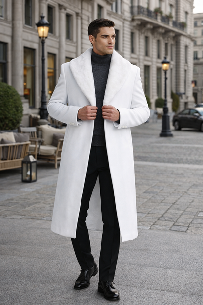 Mens Overcoat With Fur Collar - Off-White Topcoat