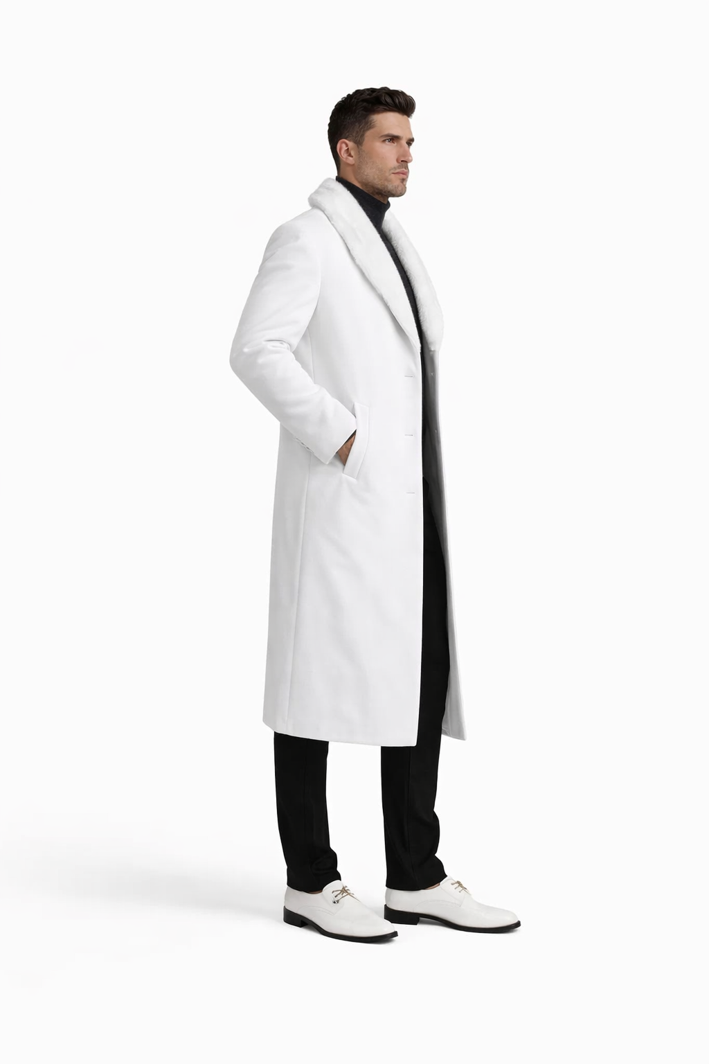 Mens Overcoat With Fur Collar - Off-White Topcoat