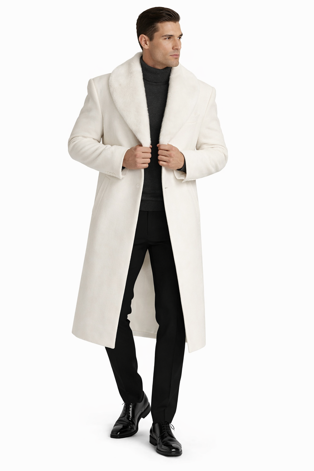 Mens Overcoat With Fur Collar - Off-White Topcoat