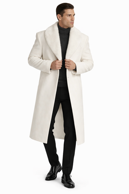 Mens Overcoat With Fur Collar - Off-White Topcoat