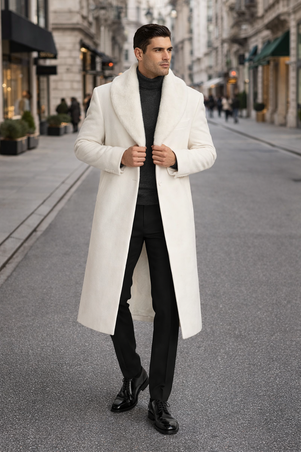 Mens Overcoat With Fur Collar - Off-White Topcoat