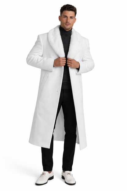 Mens Overcoat With Fur Collar - Off-White Topcoat