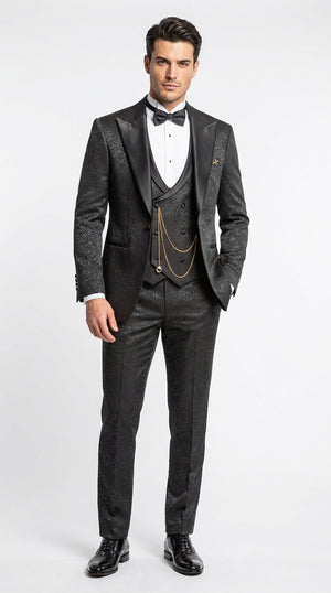 Mens Paisley Black Prom Tuxedo – 3-Piece Wedding Suit with Satin Peak Lapel & Double-Breasted Vest