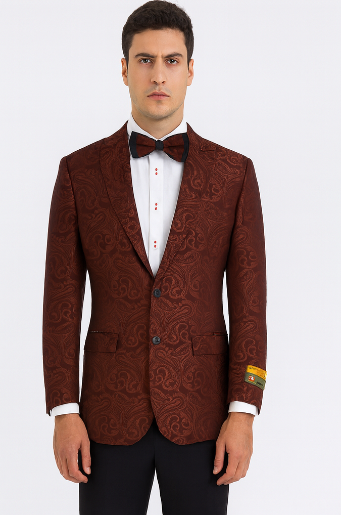 Mens Paisley Blazer - Floral Pattern Rust Copper Color and Black Mix - Light Brown Color Tuxedo Dinner Jacket