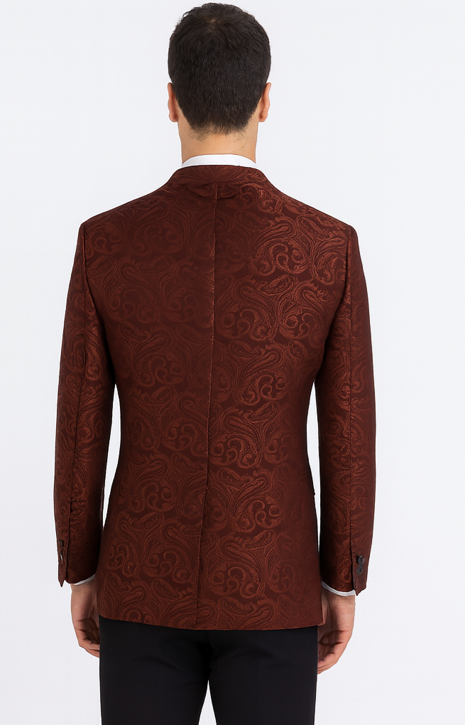 Mens Paisley Blazer - Floral Pattern Rust Copper Color and Black Mix - Light Brown Color Tuxedo Dinner Jacket