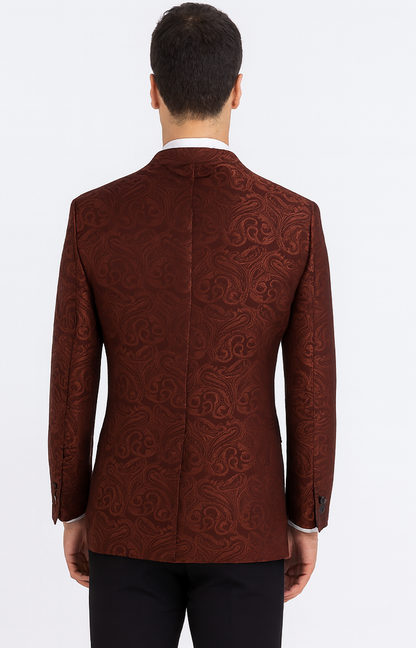 Mens Paisley Blazer - Floral Pattern Rust Copper Color and Black Mix - Light Brown Color Tuxedo Dinner Jacket