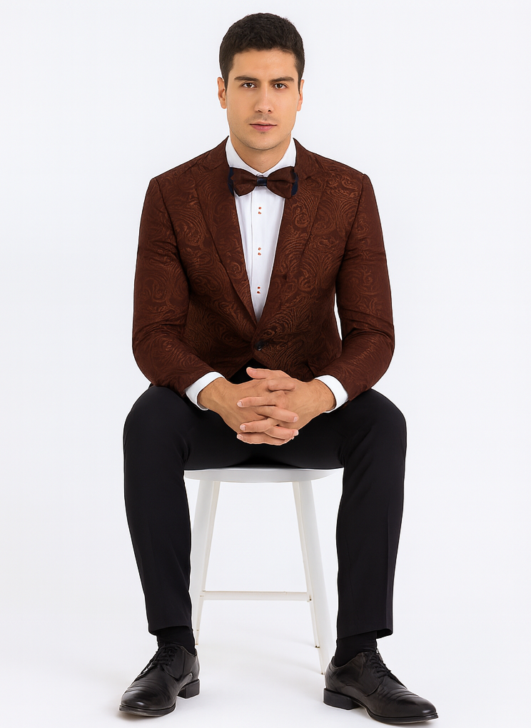 Mens Paisley Blazer - Floral Pattern Rust Copper Color and Black Mix - Light Brown Color Tuxedo Dinner Jacket