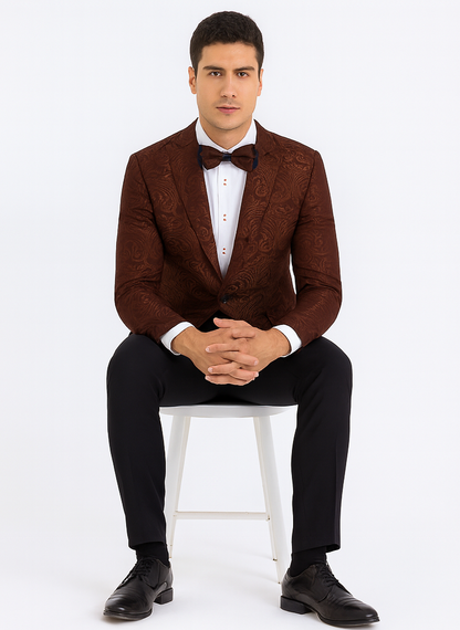 Mens Paisley Blazer - Floral Pattern Rust Copper Color and Black Mix - Light Brown Color Tuxedo Dinner Jacket