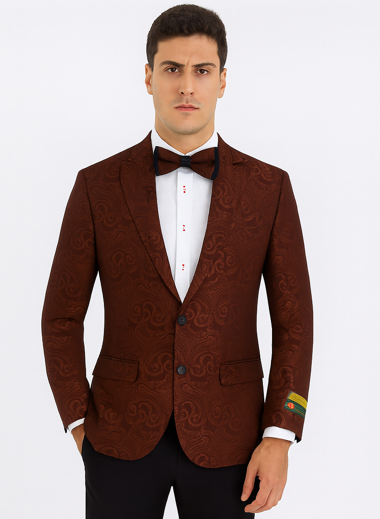 Mens Paisley Blazer - Floral Pattern Rust Copper Color and Black Mix - Light Brown Color Tuxedo Dinner Jacket