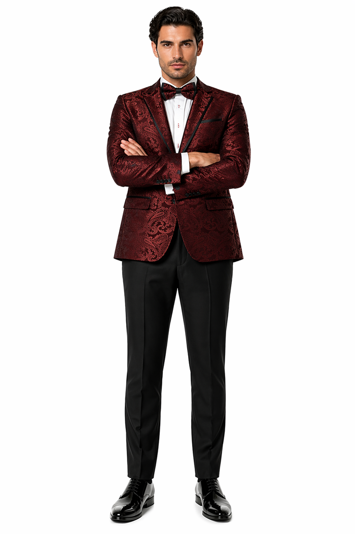 Mens Paisley Blazer - Floral Pattern Rust Copper Color and Black Mix - Light Brown Color Tuxedo Dinner Jacket