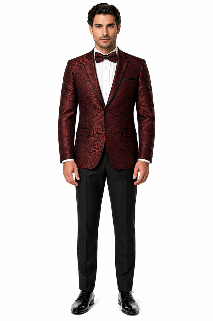 Mens Paisley Blazer - Floral Pattern Rust Copper Color and Black Mix - Light Brown Color Tuxedo Dinner Jacket